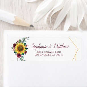 Sunflower Burgundy Floral Geometric Gold Address Return Address Label