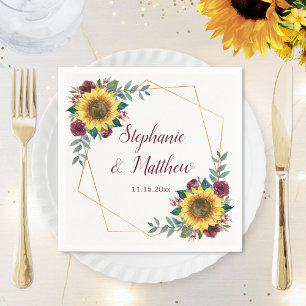 Sunflower Burgundy Floral Geometric Wedding Napkin
