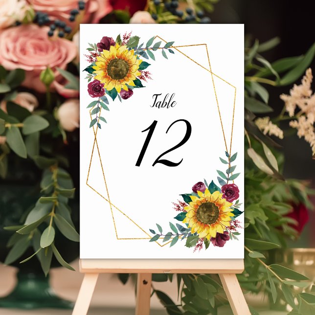 Sunflower Burgundy Floral Geometric Wedding Table Number (Creator Uploaded)