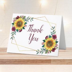 Sunflower Burgundy Floral Geometric Wedding Thank You Card
