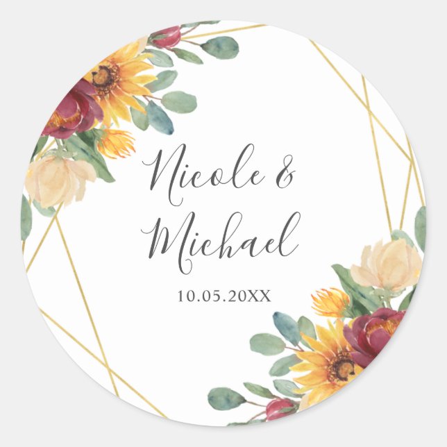 Sunflower Burgundy Floral Gold Geometric Wedding Classic Round Sticker (Front)