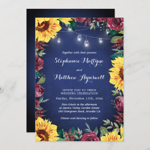 Sunflower Burgundy Floral Navy Jar Lights Wedding Invitation