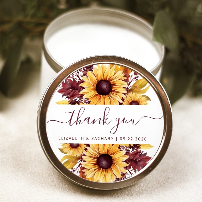 Sunflower Burgundy Floral Wedding Thank You Classic Round Sticker (Creator Uploaded)