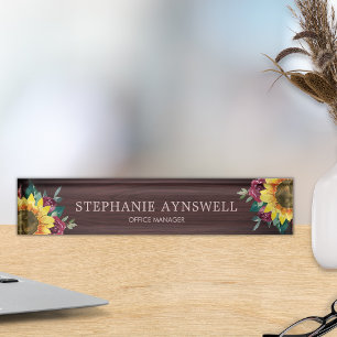 Sunflower Burgundy Floral Wood Grain Nameplate