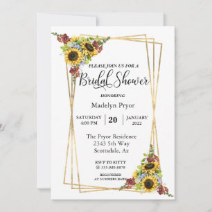 Sunflower Burgundy Gold Frame Bridal Shower Invitation