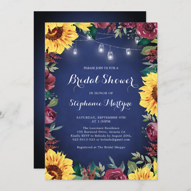 Sunflower Burgundy Jar Lights Navy Bridal Shower Invitation (Front/Back)