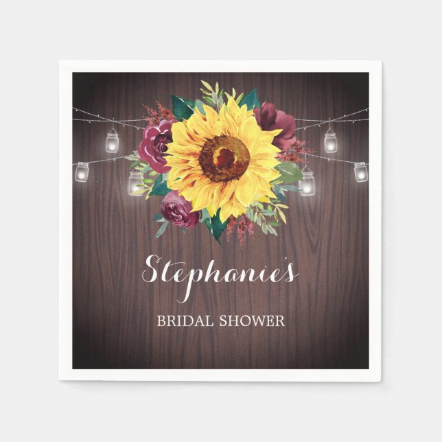 Sunflower Burgundy Jars Wood Bridal Shower Napkin (Front)