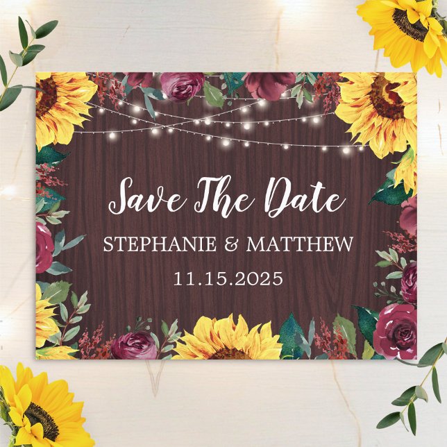 Sunflower Burgundy Lights Wood Wedding Save The Date (Creator Uploaded)