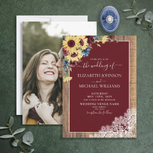 Sunflower Burgundy Navy Blue Wood Photo Wedding Invitation