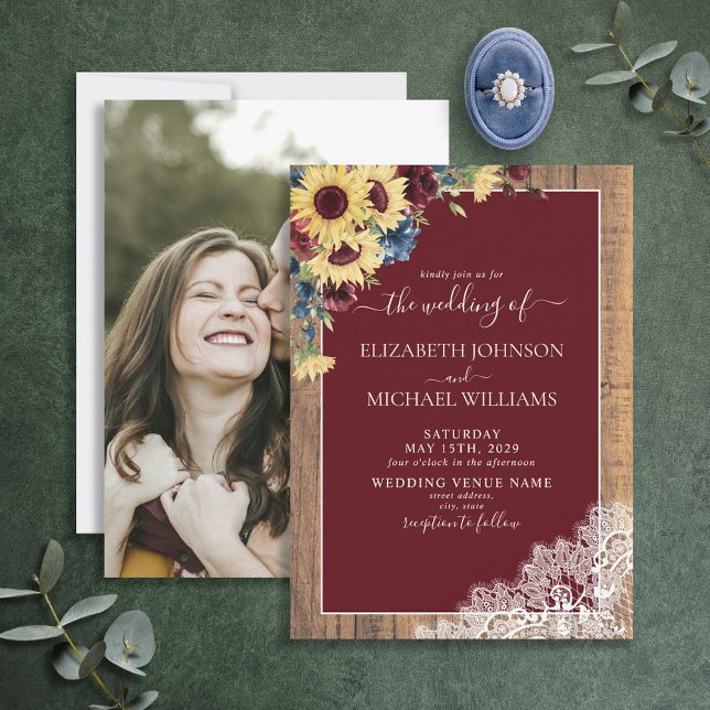 Sunflower Burgundy Navy Blue Wood Photo Wedding Invitation (Creator Uploaded)