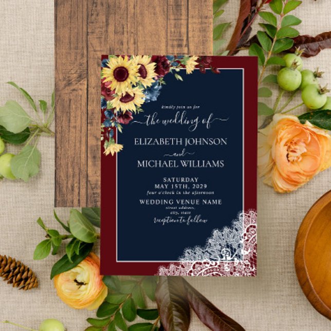 Sunflower Burgundy Navy Blue Wood Script Wedding  Invitation (Creator Uploaded)