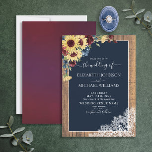 Sunflower Burgundy Navy Blue Wood Script Wedding Invitation
