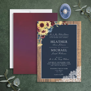 Sunflower Burgundy Navy Blue Wood Script Wedding   Invitation