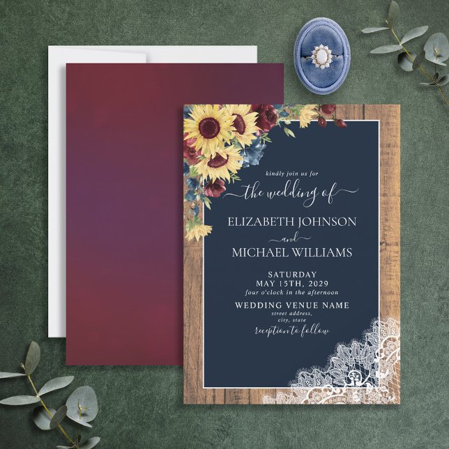 Sunflower Burgundy Navy Blue Wood Script Wedding   Invitation (Creator Uploaded)