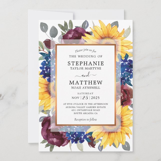 Sunflower Burgundy Navy Floral Border Wedding Invitation (Front)