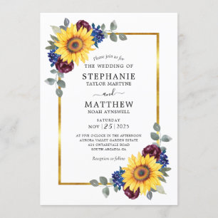 Sunflower Burgundy Navy Floral Gold Border Wedding Invitation