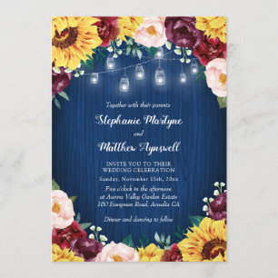 Sunflower Burgundy Navy Jars Lights Floral Wedding Invitation