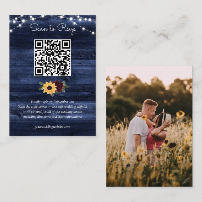 Sunflower Burgundy Navy Wood Wedding QR Code RSVP Enclosure Card (Front/Back)