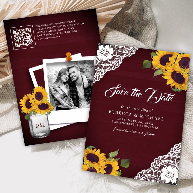Sunflower Burgundy Photo QR Code Wedding Save The Date (Creator Uploaded)