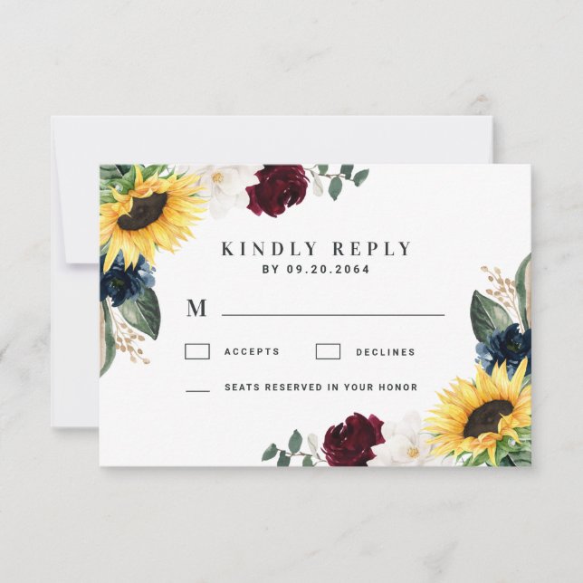 Sunflower Burgundy Red and Navy Blue Roses Wedding RSVP Card (Front)
