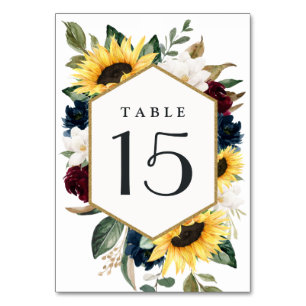 Sunflower Burgundy Red and Navy Blue Roses Wedding Table Number