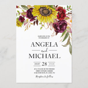 Sunflower Burgundy Red Blush Peony Rose Invitation