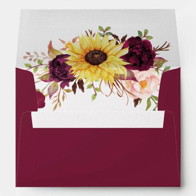 Sunflower Burgundy Red Blush Peony Rose Wedding Envelope (Back (Bottom))