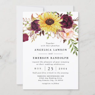 Sunflower Burgundy Red Blush Peony Rose Wedding Invitation