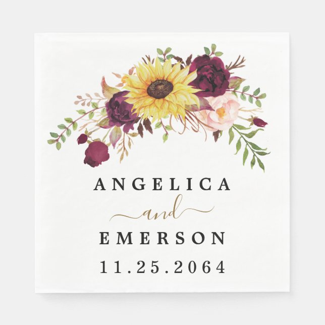 Sunflower Burgundy Red Blush Peony Rose Wedding Napkin (Front)