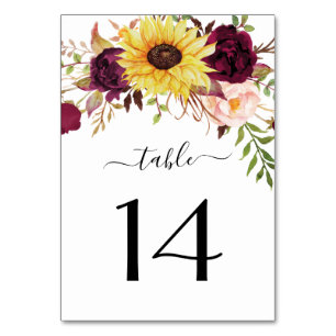 Sunflower Burgundy Red Blush Peony Rose Wedding Table Number