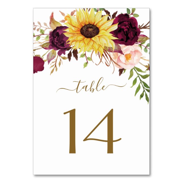 Sunflower Burgundy Red Blush Peony Rose Wedding Table Number (Front)