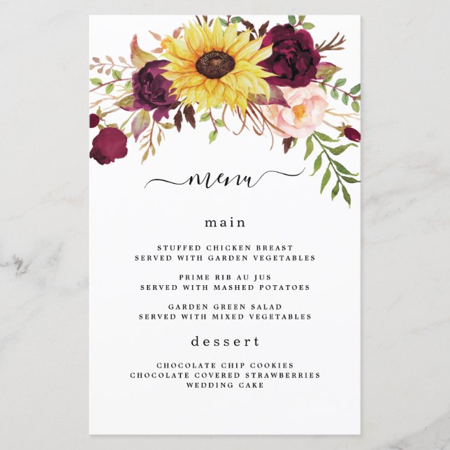 Sunflower Burgundy Red Blush Wedding Menu Cards (Front)