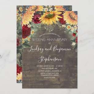 Sunflower Burgundy Red Rose Wedding Anniversary Invitation