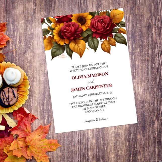 Sunflower Burgundy Red Rose Wedding Invitation (Creator Uploaded)
