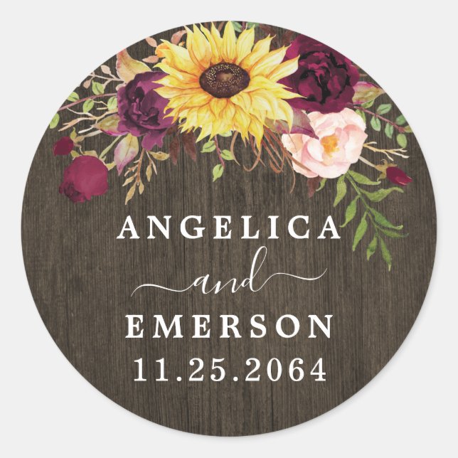 Sunflower Burgundy Red Roses Rustic Wood Wedding Classic Round Sticker (Front)