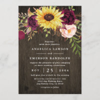 Sunflower Burgundy Red Roses Rustic Wood Wedding