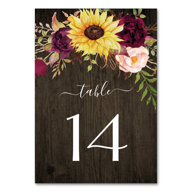 Sunflower Burgundy Red Roses Rustic Wood Wedding Table Number (Front)
