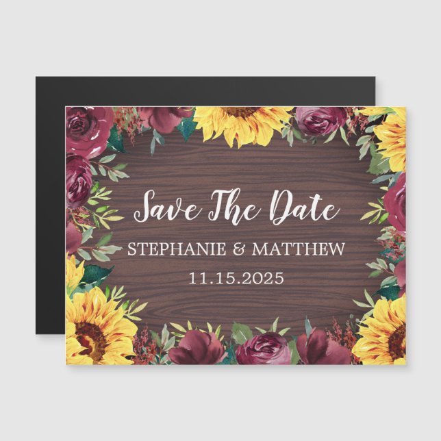 Sunflower Burgundy Rose Border Wood Save The Date (Front/Back)