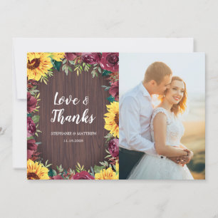 Sunflower Burgundy Rose Border Wood Wedding Photo Thank You Card