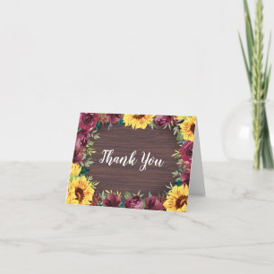 Sunflower Burgundy Rose Border Wood Wedding Thank You Card