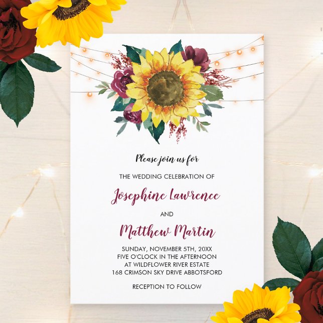 Sunflower Burgundy Rose Floral Lights Wedding Invitation (Creator Uploaded)