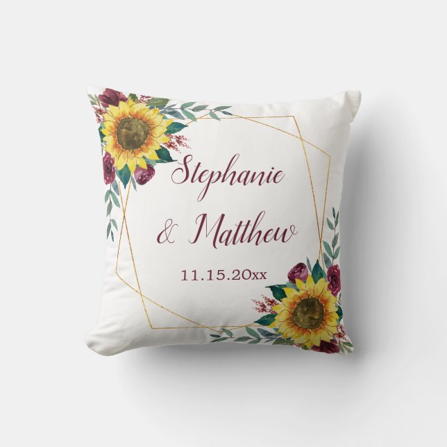 Sunflower Burgundy Rose Geometric Wedding Cushion (Front)