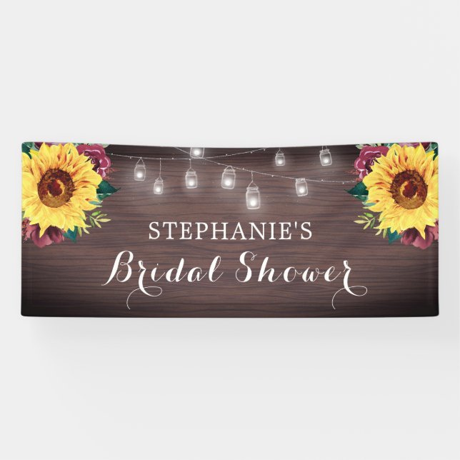Sunflower Burgundy Rose Jars Wood Bridal Shower Banner (Horizontal)