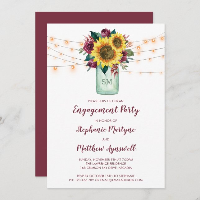 Sunflower Burgundy Rose Lights Jar Engagement Invitation (Front/Back)