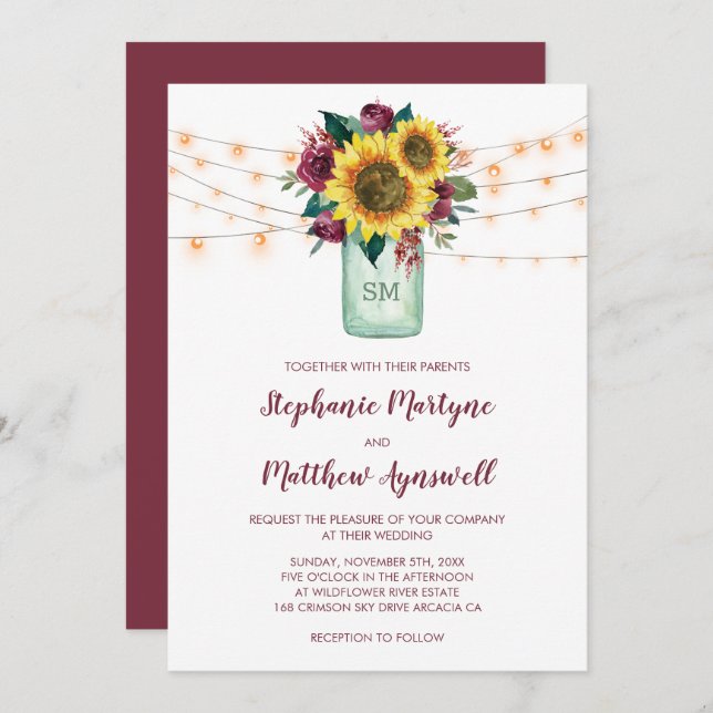Sunflower Burgundy Rose Lights Mason Jar Wedding Invitation (Front/Back)