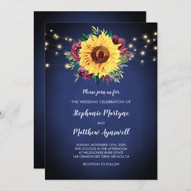 Sunflower Burgundy Rose Lights Navy Blue Wedding Invitation (Front/Back)