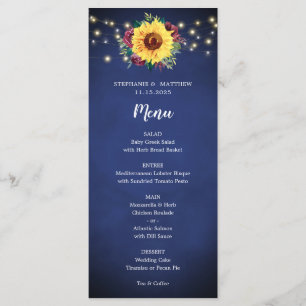 Sunflower Burgundy Rose Lights Navy Wedding Menu