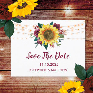 Sunflower Burgundy Rose Lights Save The Date Announcement Postcard