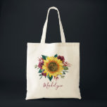 Sunflower Burgundy Rose Personalised Name Tote Bag<br><div class="desc">This pretty tote bag features a modern watercolor floral design with a rustic watercolor sunflower,  burgundy flowers and foliage. Personalise it with your name or initials. This bag features the same design on the front and back.</div>
