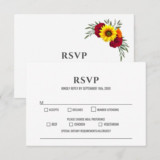 Sunflower Burgundy Rose Wedding RSVP Card (Front/Back)